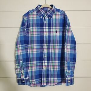 Ralph Lauren Boy‎  blue plaid button down shirt Oxford  Natural stretch Size 7